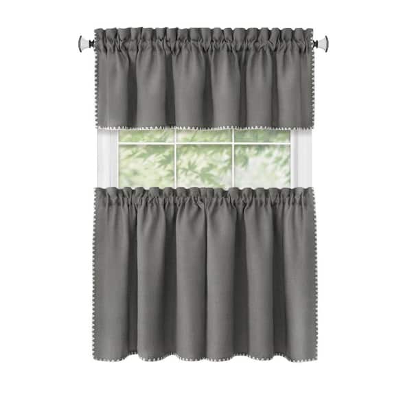 ACHIM Kendal Polyester Light Filtering Tier and Valance Window Curtain Set - 58 in. W x 36 in. L in Grey/White