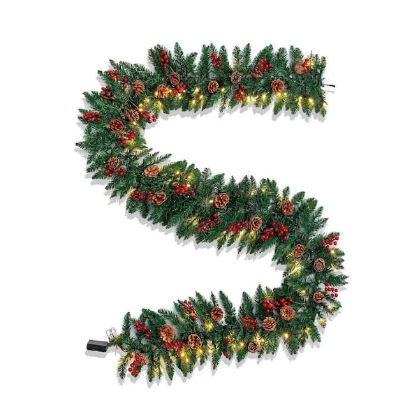 9Ft Artificial Christmas Garland Prelit with LED Lights, 27 Pine Cones, 27 Red Berries(Batteries not Included)