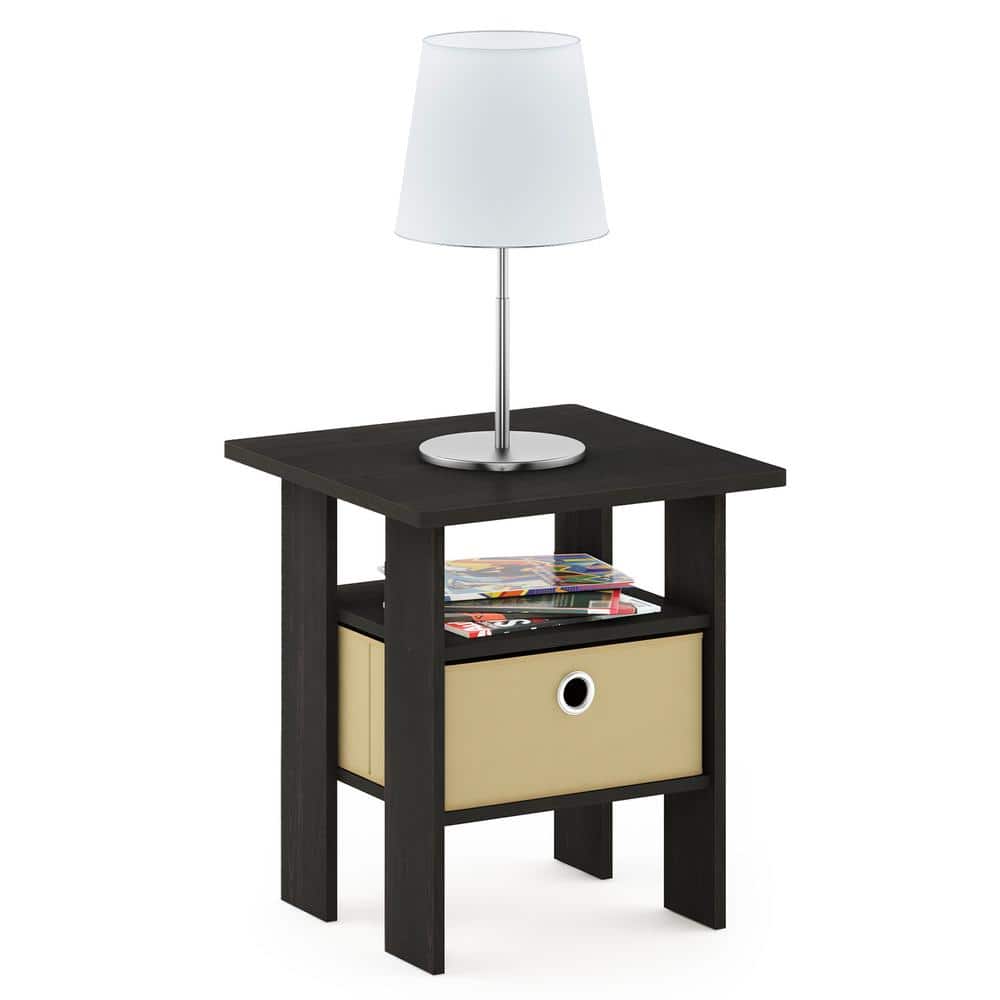 Dark Espresso Wood End Table with Fabric Drawer