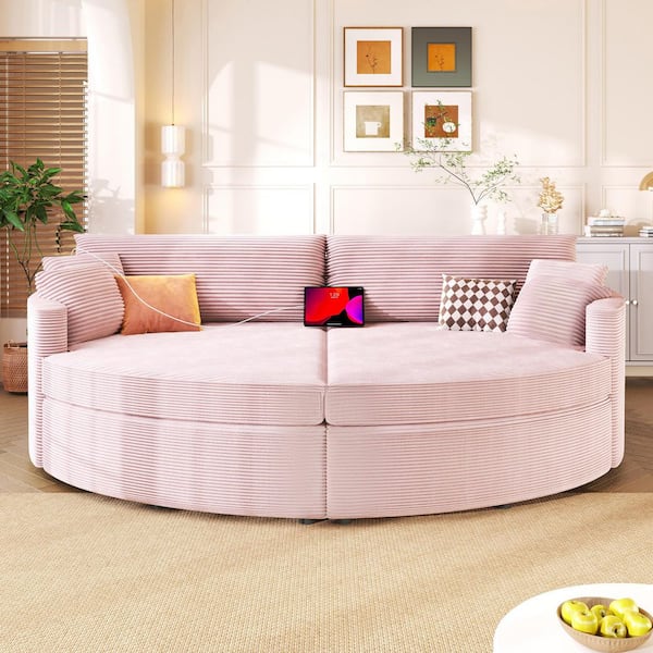 102.3 in. Rolled Arm Corduroy Sofa in Pink with Deep Seat and USB Ports for Living Room