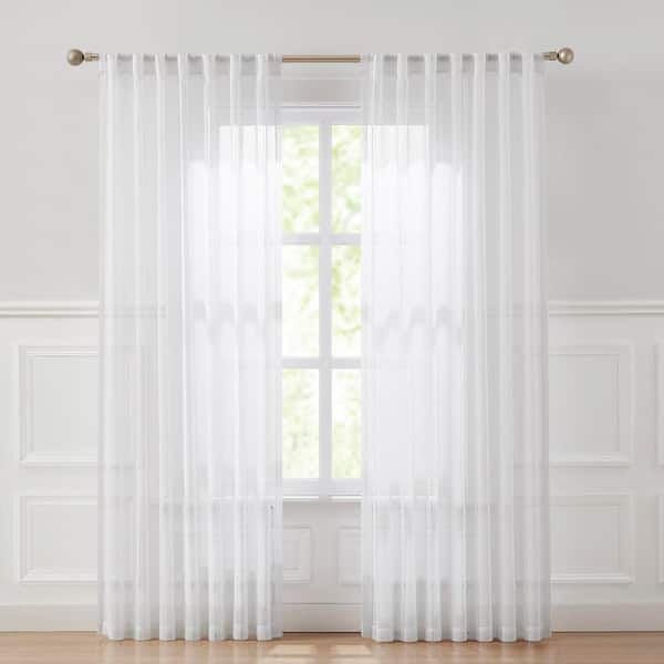 Calia Textured Stripe White Polyester 52 in. W x 84 in. L Back Tab Sheer Curtain (Set of 2)