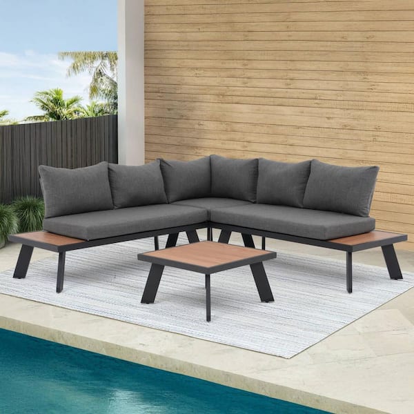 4-Piece Aluminum Outdoor L-Shaped Sectional Sofa Set with Wood Grain Top Coffee Table, Dark Grey Cushion