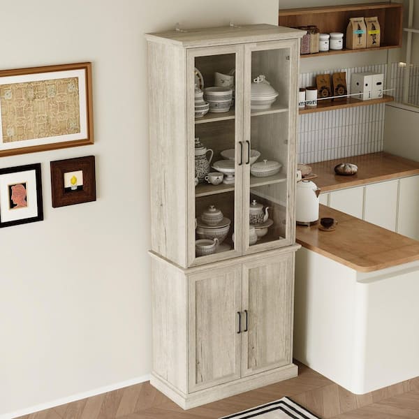 FUFU&GAGA Vintage Style Beige Wood Grain Wooden 31.5 in. W Sideboard, Bookcase, Storage Cabinet with 5-Shelves and 4-Doors