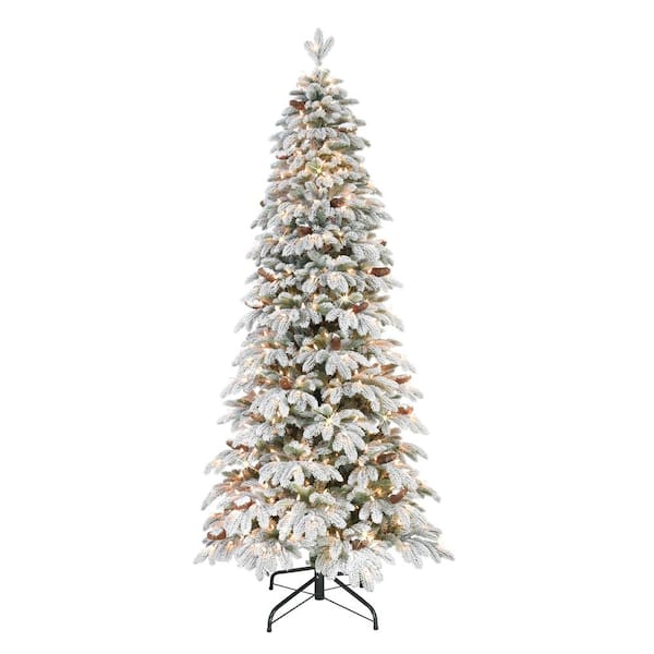 Puleo International 7.5 ft. Pre-Lit Flocked Slim Montville Spruce Artificial Christmas Tree with 450 UL-Listed Clear Incandescent Lights