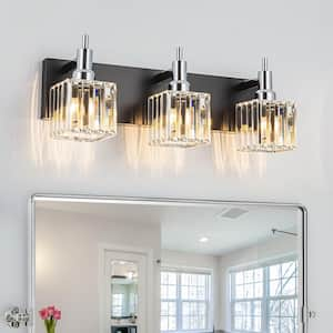 Orillia 19.7 in. 3-Light Modern Black Chrome Bathroom Vanity Light with Crystal Shades