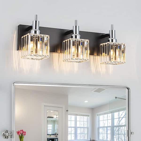 EDISLIVE Orillia 19.7 in. 3-Light Modern Black Chrome Bathroom Vanity Light with Crystal Shades
