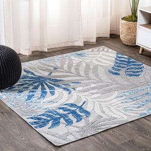 Tropics Gray/Blue 5 ft. Palm Leaves Square Indoor/Outdoor Area Rug