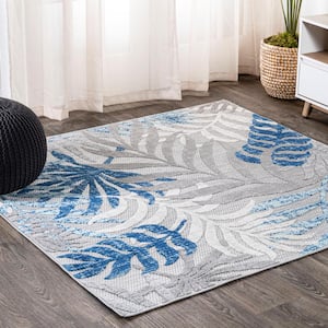 Tropics Palm Leaves Gray/Blue 6 ft. Square Indoor/Outdoor Area Rug