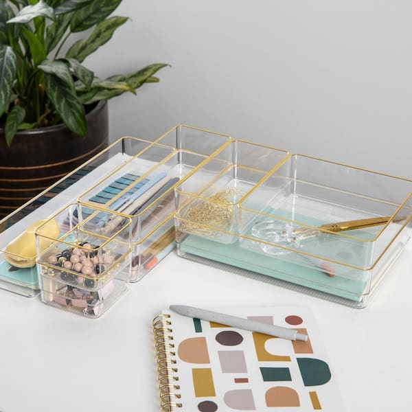 Martha Stewart Kerry Plastic Stackable Office Desk Drawer Organizers, Set of 8, with Gold Trim