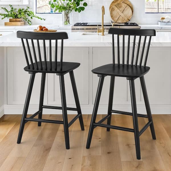 LUE BONA 24 in. Black Classic Windsor Back Contoured Seat Bar Stools Solid Wood Counter Height Barstools(Set of 2)