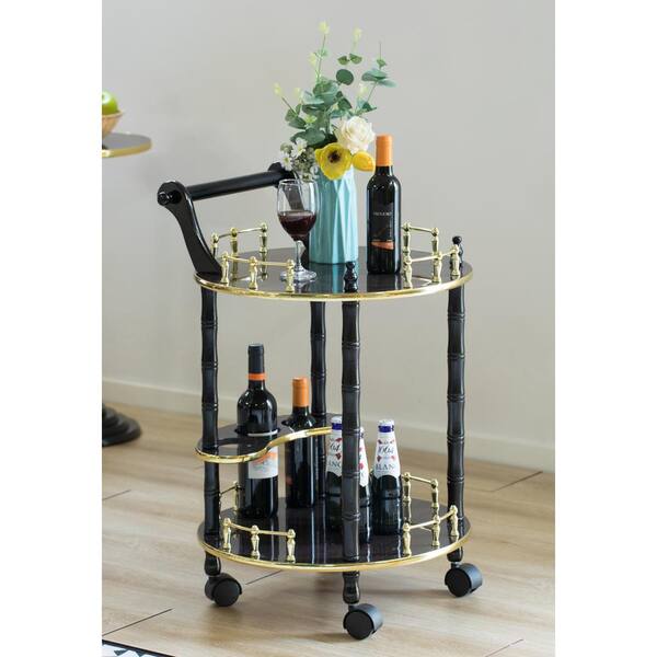 bold tones round wood serving gold and brown bar cart tea trolley with 2 tier shelves rolling wheels qi003779 bn the home depot kitchen work triangle island