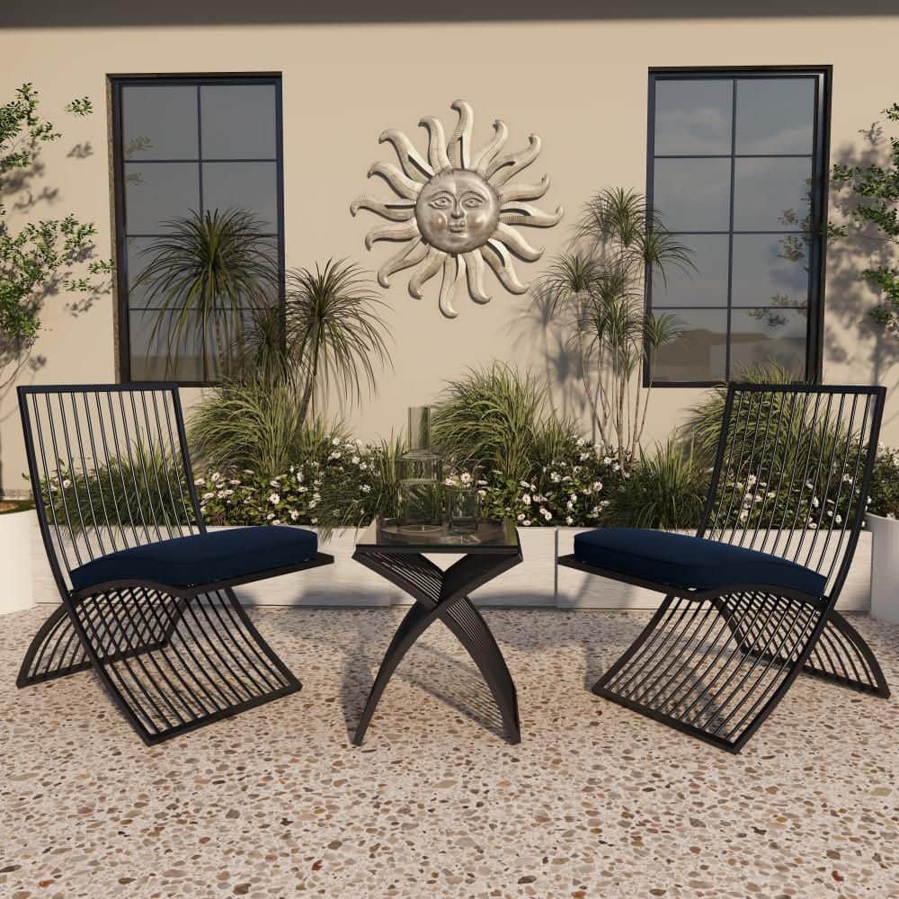 Black 3 -Piece Metal Small Folding Outdoor Seating Set with Navy Cushions (Set of 3) price history on PriceWatchPro