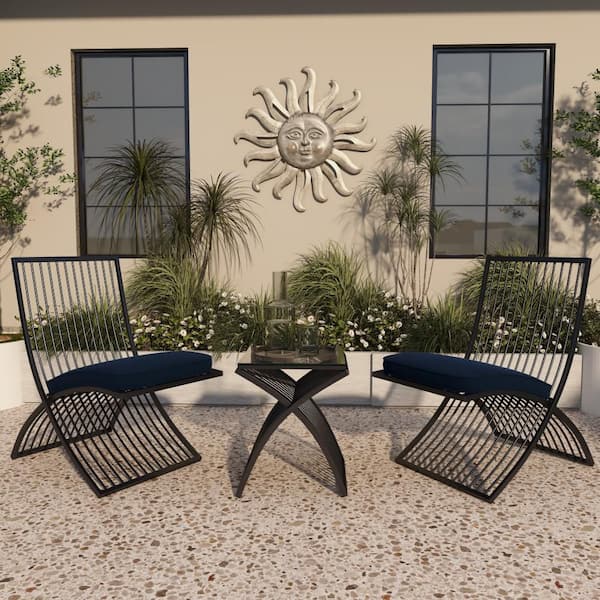Black 3 -Piece Metal Small Folding Outdoor Seating Set with Navy Cushions (Set of 3)