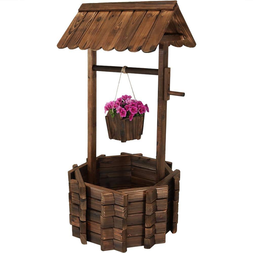 Brown Fir Wood Wishing Well Garden Planter with Hanging Bucket