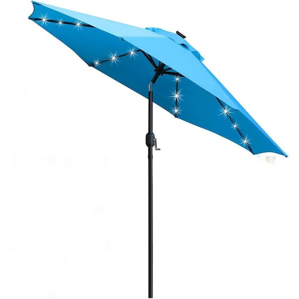 Dyiom 9 ft. Solar LED Lighted Umbrella with 8 Ribs Adjustment and Crank Lift System for Patio in Blue, Beach Word Umbrella