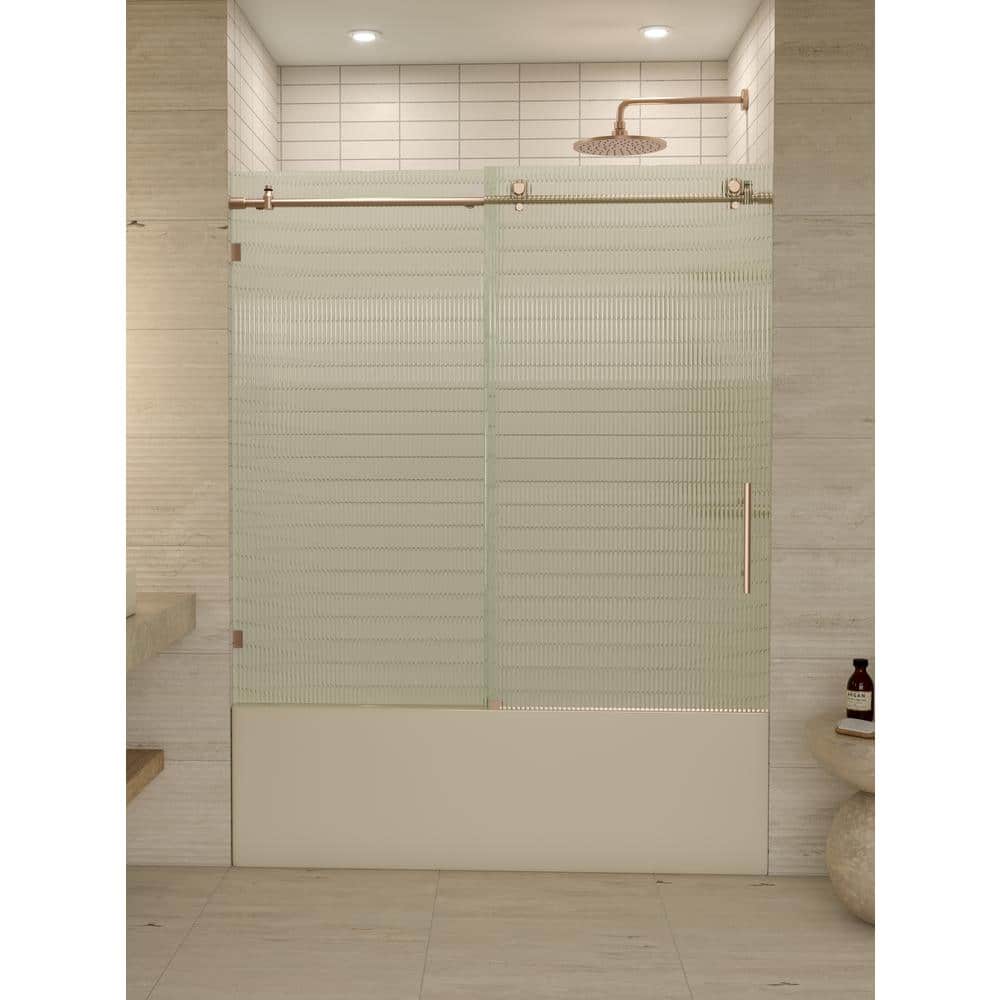 Galaxy 60" Frameless Fluted Glass Sliding Bathtub Door in Brushed Bronze