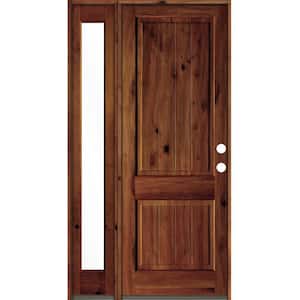 50 in. x 96 in. Rustic Knotty Alder Left-Hand/Inswing Clear Glass Red Chestnut Stain Wood Prehung Front Door w/Sidelite