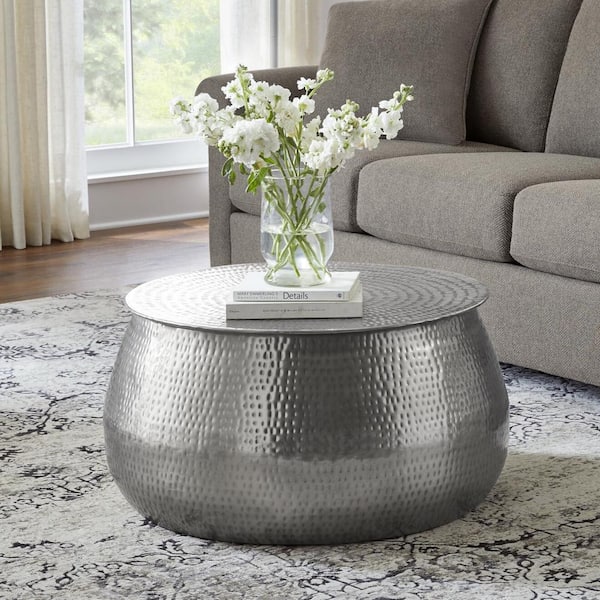 Home Decorators Collection Calluna 30 in. Silver Medium Round Metal Coffee Table with Lift Top Storage