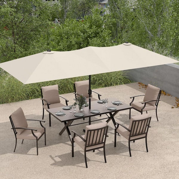 8-Piece Metal Patio Outdoor Dining Set with 6 Chairs, Large Table, Center-Pole Umbrella and Khaki Cushions