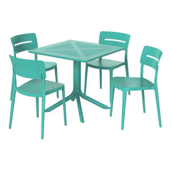 Frond and Form Turquoise Plastic All Weather 5-Piece Square Table Modern Outdoor Patio Dining Set w/ 4 Stackable Chairs
