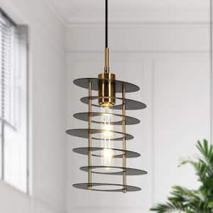 Industrial 1-Light Black and Brass Geometric Island Pendant Light with Metal Open Cage Shade for Foyer, LED Compatible