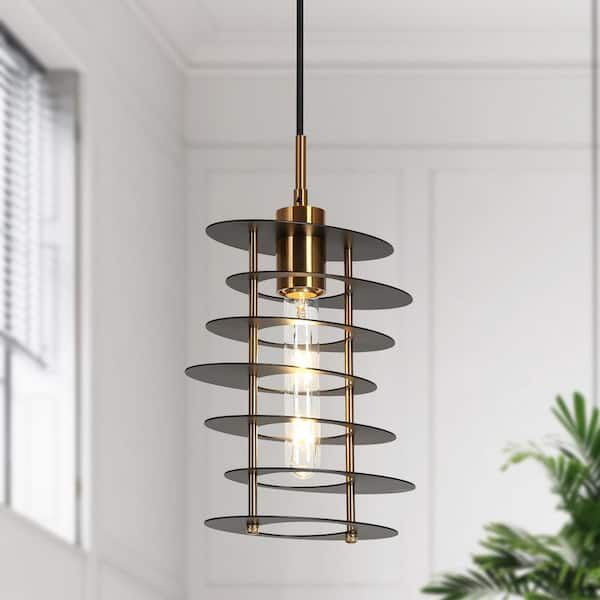 LNC Industrial 1-Light Black and Brass Geometric Island Pendant Light with Metal Open Cage Shade for Foyer, LED Compatible