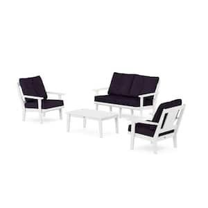 Prairie 4-Pcs Plastic Patio Conversation Set with Loveseat in White/Navy Linen Cushions