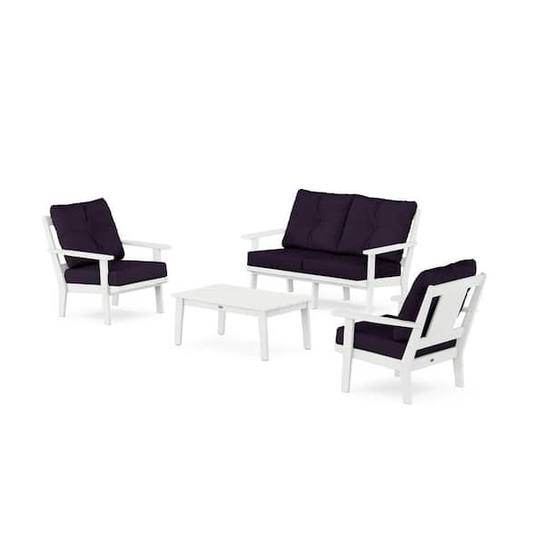 POLYWOOD Prairie 4-Pcs Plastic Patio Conversation Set with Loveseat in White/Navy Linen Cushions