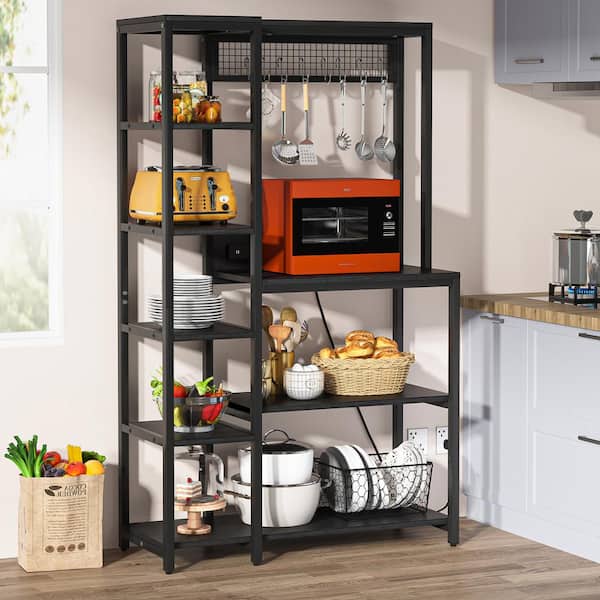Tribesigns Way to Origin Black 5+ Shelves Wood 39.37 in. W Baker's Rack Storage Kitchen Utility Power Outlets Home Office