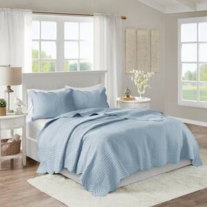 Marino 3-Piece Blue Reversible Scalloped Edge Microfiber Full/Queen Quilt Set