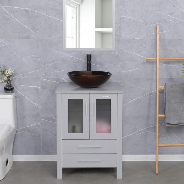 24 in. W x 20 in. D x 32 in. H Single Sink Bath Vanity in Grey with Brown Glass Vessel Sink Top ORB Drain Faucet Set