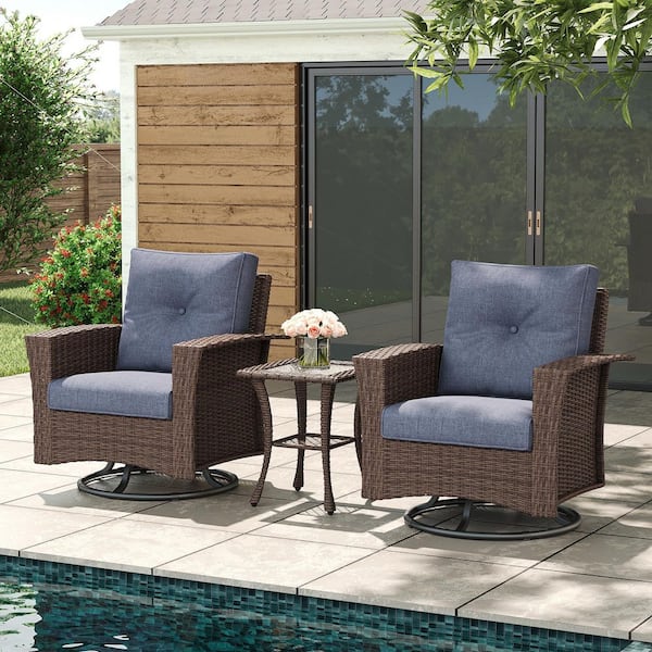 3-Piece Wicker Outdoor Patio Conversation Seating Sofa Set with Navy Blue Cushions and Swivel Rocking Chairs