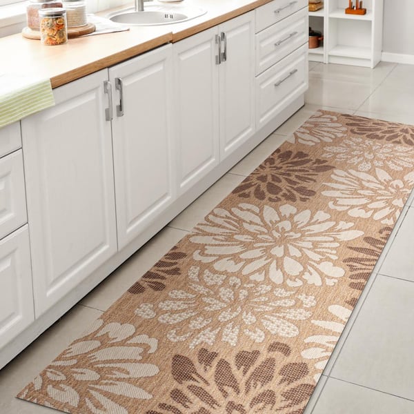 JONATHAN Y Zinnia Modern Floral Textured Weave Brown/Cream 2 ft. x 10 ft. Indoor/Outdoor Area Rug