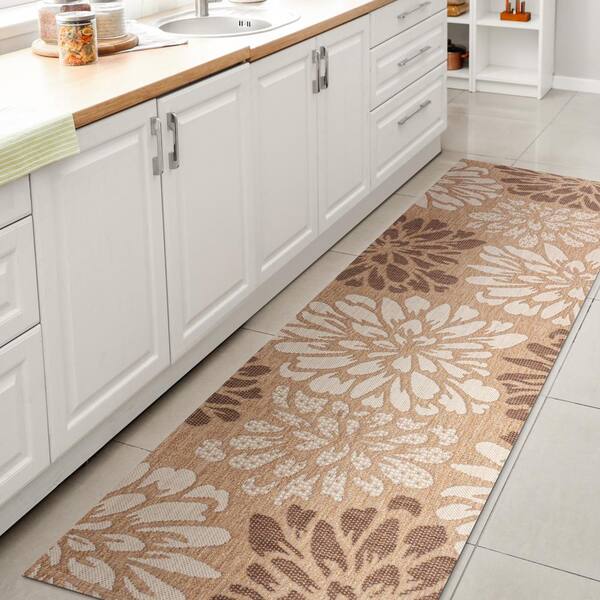 Zinnia Modern Floral Textured Weave Brown/Cream 2 ft. x 8 ft. Indoor/Outdoor Runner Rug