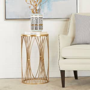 14 in. Gold Large Round Glass End Accent Table with Mirrored Glass Top