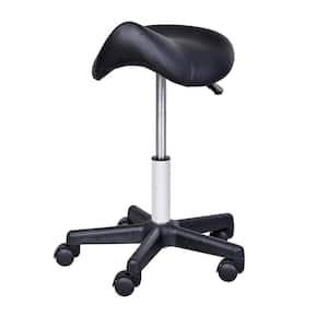 Rolling Black Saddle Stool, Swivel Salon Chair, Ergonomic Faux Leather Stool, Adjustable Height with Wheels