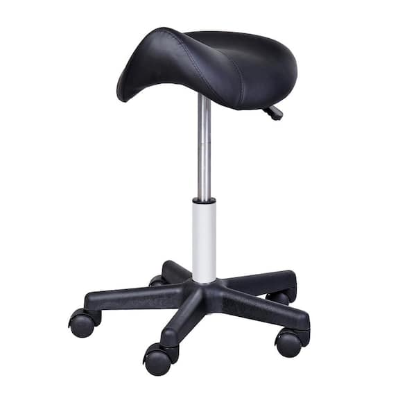 HOMCOM Rolling Black Saddle Stool, Swivel Salon Chair, Ergonomic Faux Leather Stool, Adjustable Height with Wheels