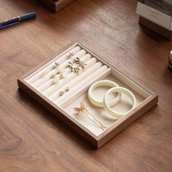 Black Walnut Velvet Jewelry Tray Organizer for Rings, Earrings