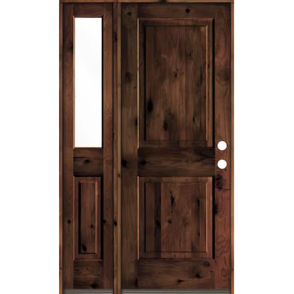 Krosswood Doors 50 in. x 80 in. Rustic knotty alder 2-Panel Left-Hand/Inswing Clear Glass Red Mahogany Stain Wood Prehung Front Door