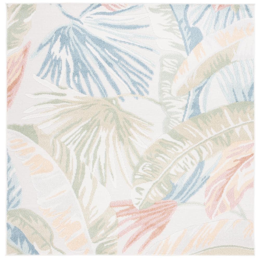 Lush Florals 79'' Square Light Green & Beige Easy-Care Outdoor Rug