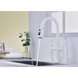 Double Handle Bridge Kitchen Faucet with Pull Out Spray Wand and Spot Resistant, High Arc, Solid Brass in Matte White