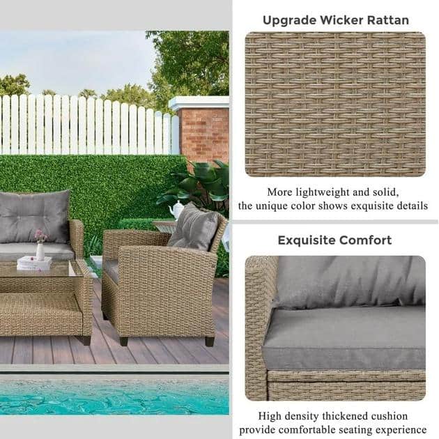 4-Piece Beige Brown Wicker Patio Set with Gray Cushions