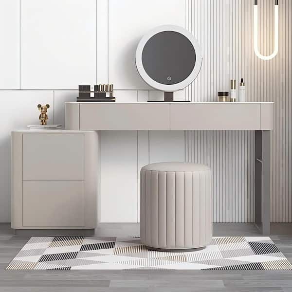 39.4 in. Light Gray 2 Drawer Dresser with Mirror, Side Cabinet and Round Chair