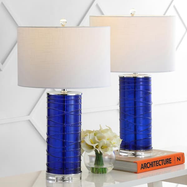 JONATHAN Y Cole 27.5 in. Modern Fused Glass Cylinder LED Table Lamp, Cobalt (Set of 2)