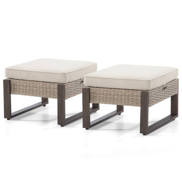 JOYSIDE Wicker Outdoor Patio Ottoman with Steel Frame and Beige