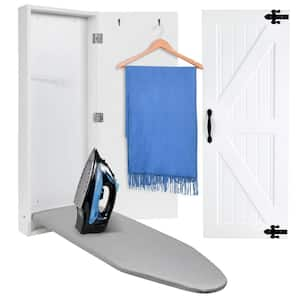 White Non-Electric Wall Mounted Ironing Board Cabinet W/Farmhouse Door & Release Lever