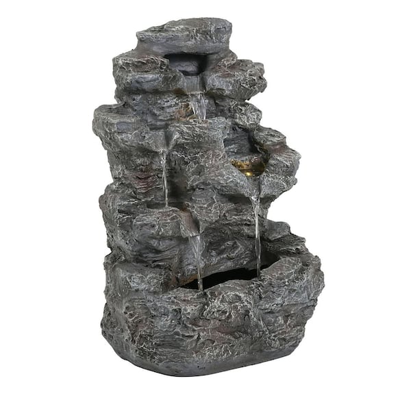 23.75 in. Electric Cement Lighted Column Tiered Fountain with LED Lights Space-Saving and Weather Resistant