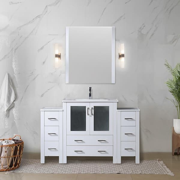 Lexora Volez 54 in. W x 18 in. D Single Bath Vanity in White with White Ceramic Top and Mirror