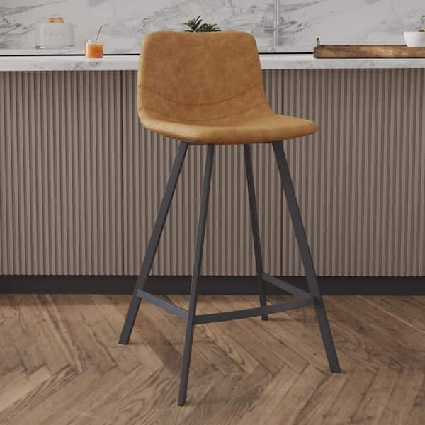 Elland 35 in. Leather Upholstery Counter Stool in Black Stainless Steel for Indoor and Outdoor in Light Brown