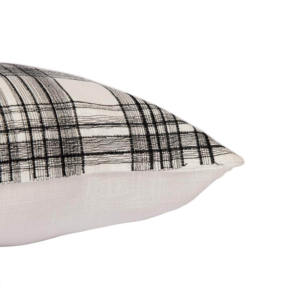 White and Black Embroidered Cotton Blend Square Throw Pillow